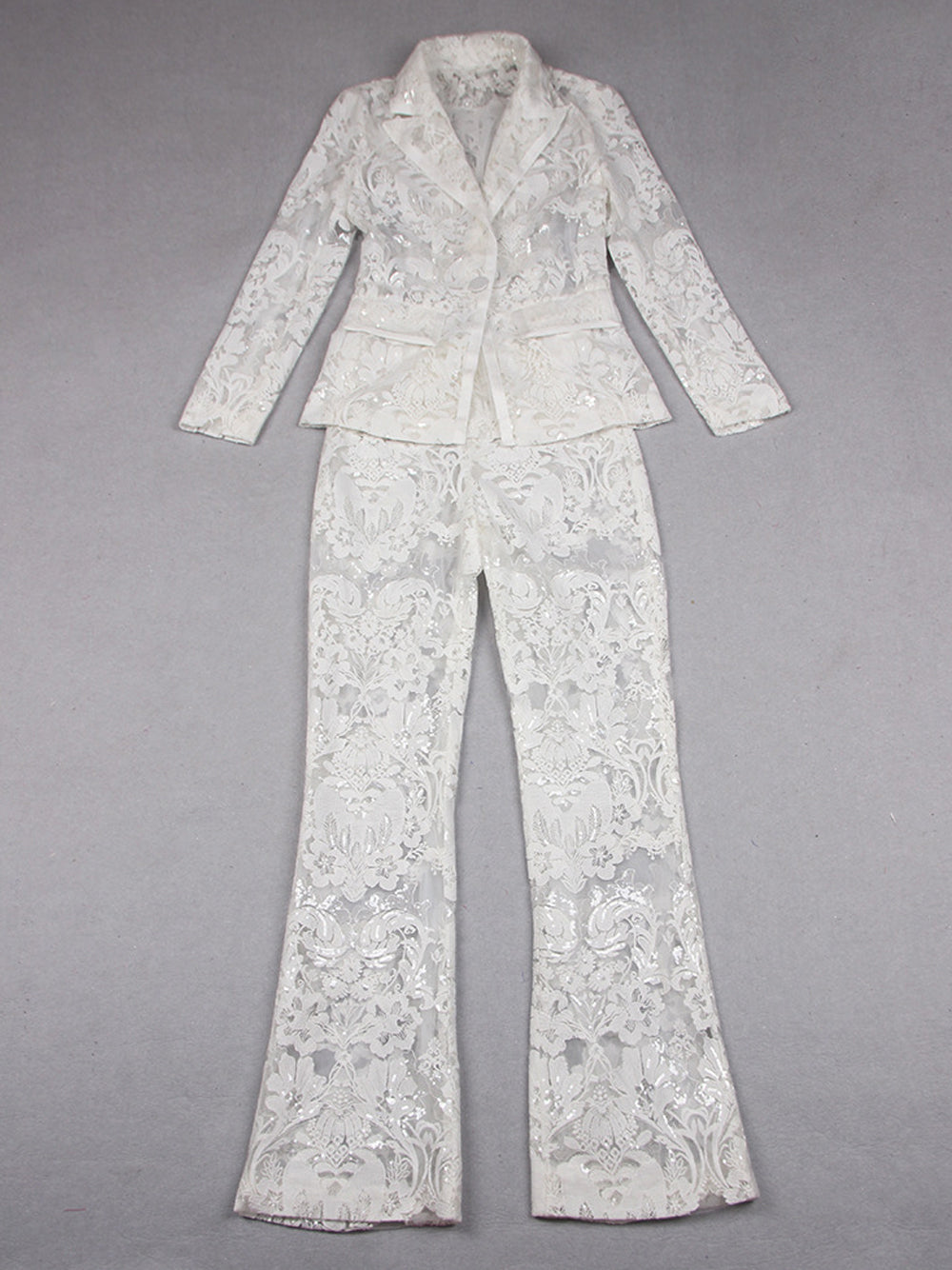White Floral Lace Sheer Blazer and Flared Pants Set 9