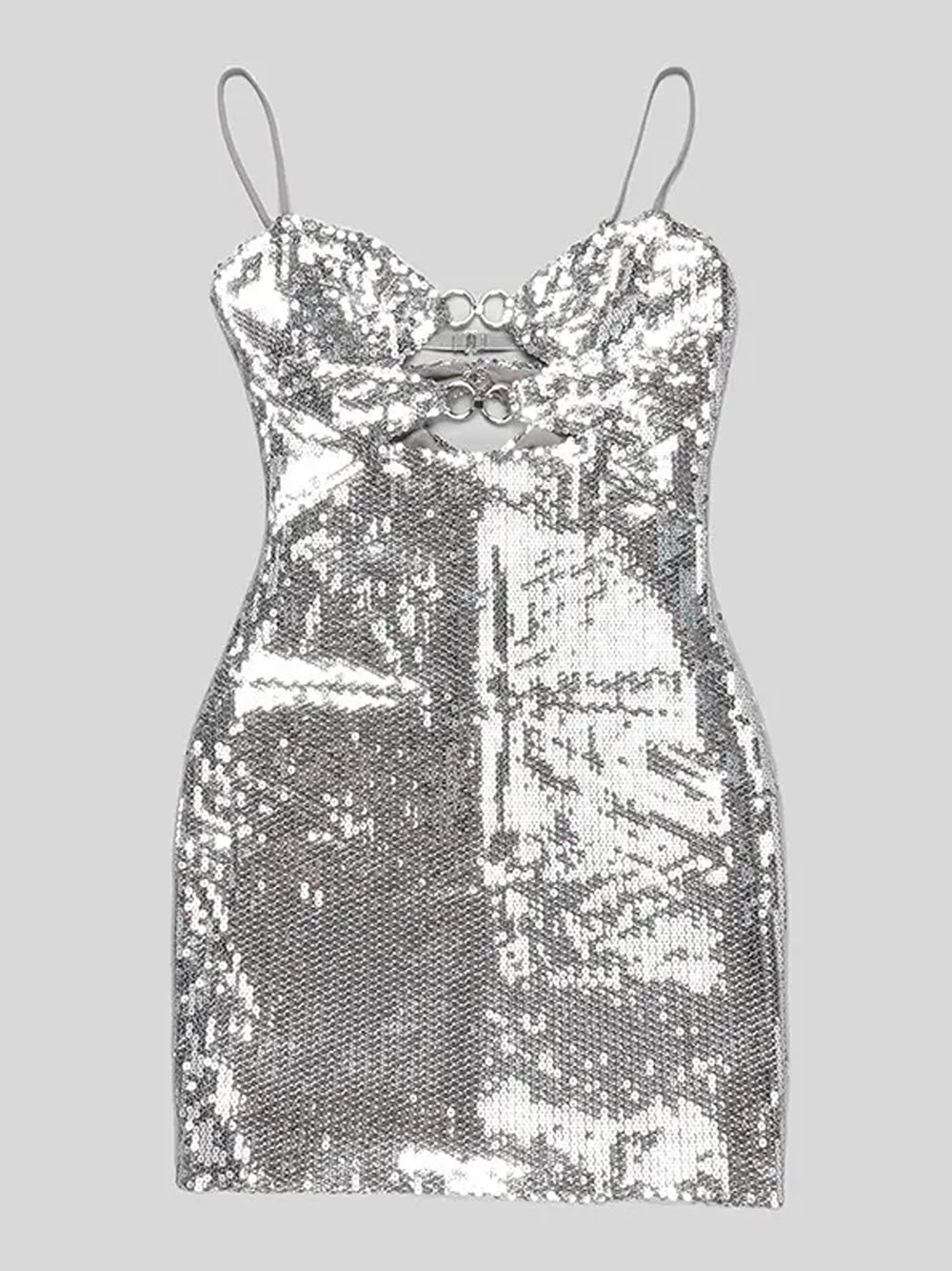 Silver Spaghetti Strap Sequin O-Ring Cutout Bodycon Mini Dress 5