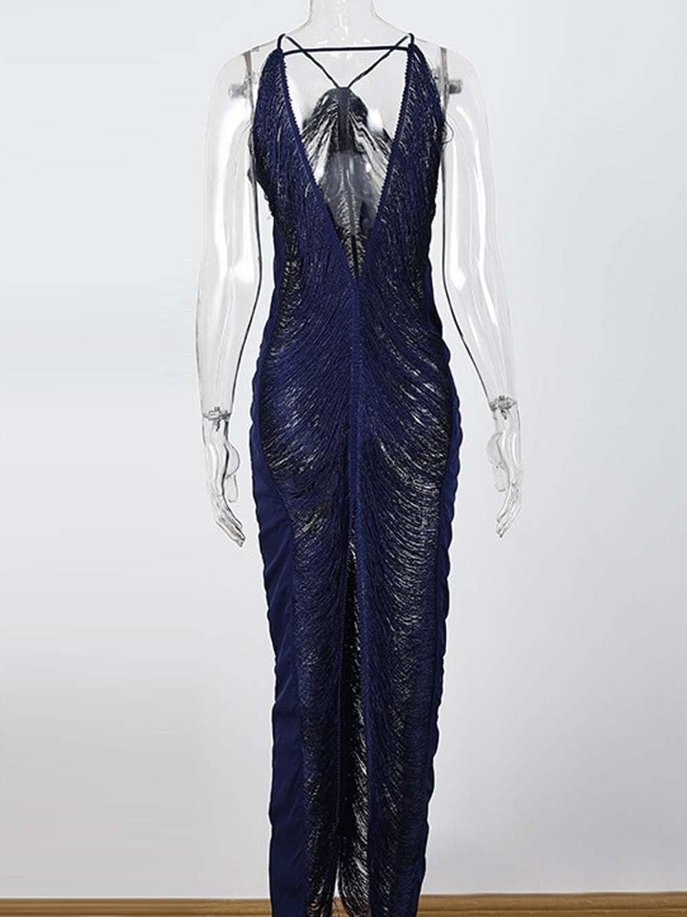 Halter Neck Distressed Fringe Tassel Bodycon Maxi Dress