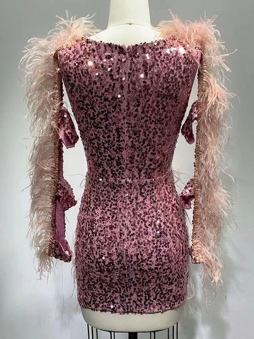 Pink V-Neck Sequin Feather Trim Cutout Sleeve Bodycon Mini Dress 6