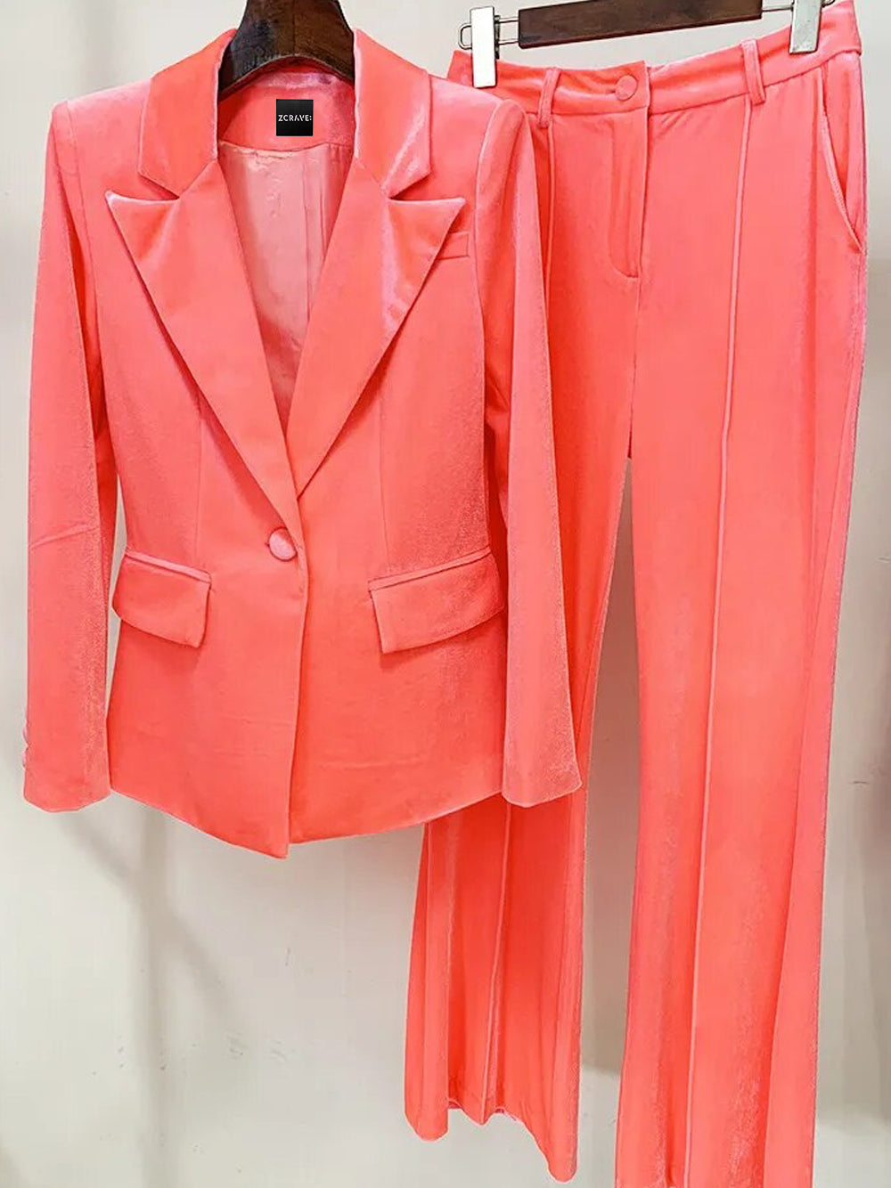 Peach Pink Peak Lapel Plunge Velvet Blazer And Flared Pants Set