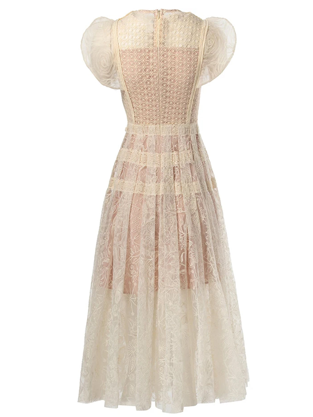 Beige Round Neck Puff Sleeve Crochet Lace Cutout A-Line Midi Dress 2