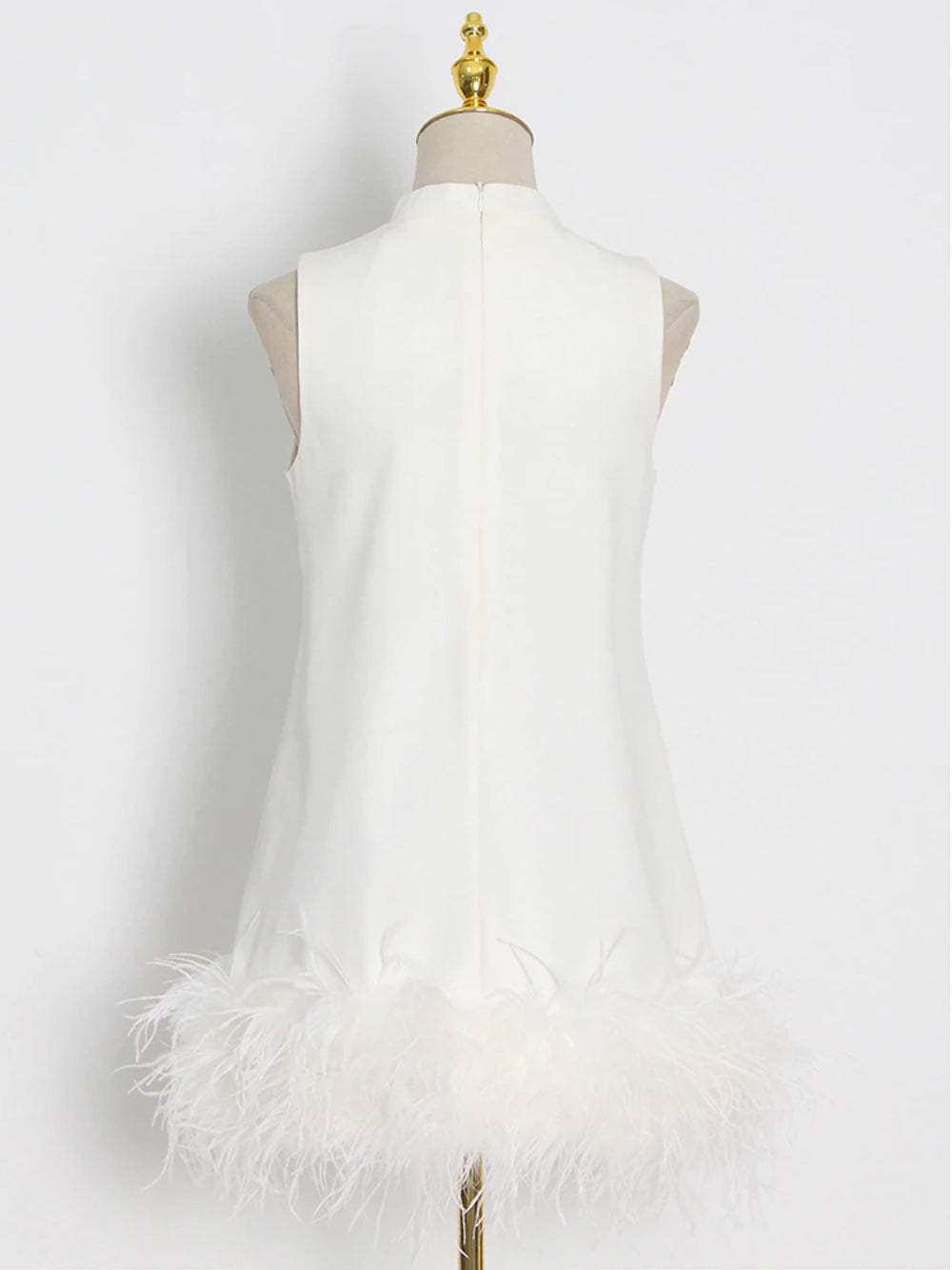 White High Neck Sleeveless Feather Trim Hem Shift Mini Dress 5