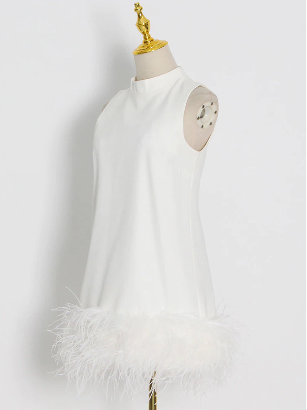 White High Neck Sleeveless Feather Trim Hem Shift Mini Dress 6