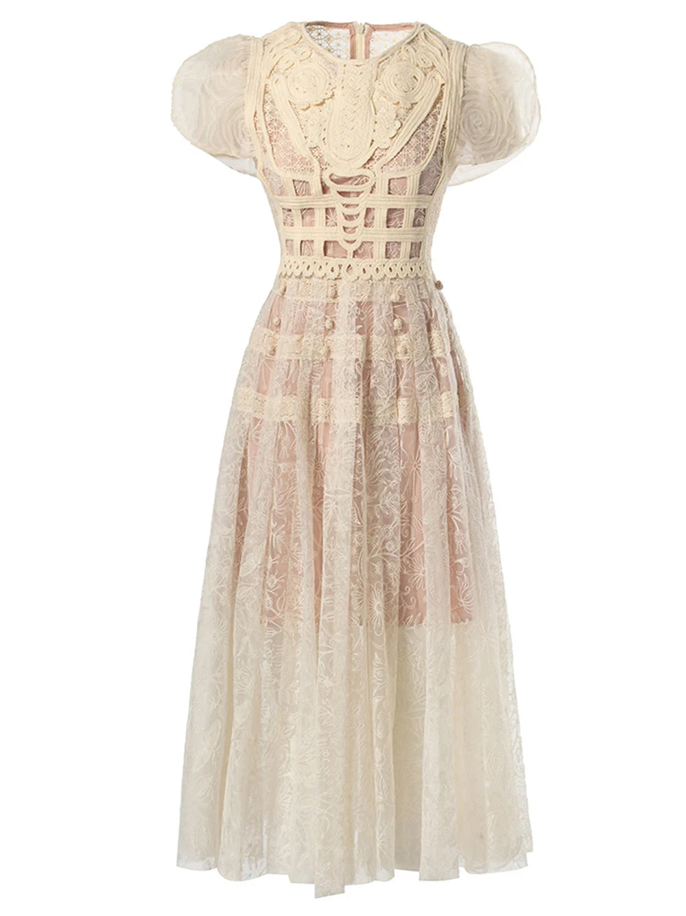 Beige Round Neck Puff Sleeve Crochet Lace Cutout A-Line Midi Dress