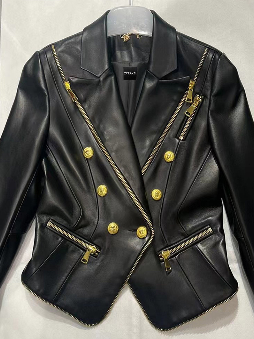 Black Peak Lapel Double Breasted Gold Button Zip Leather Blazer