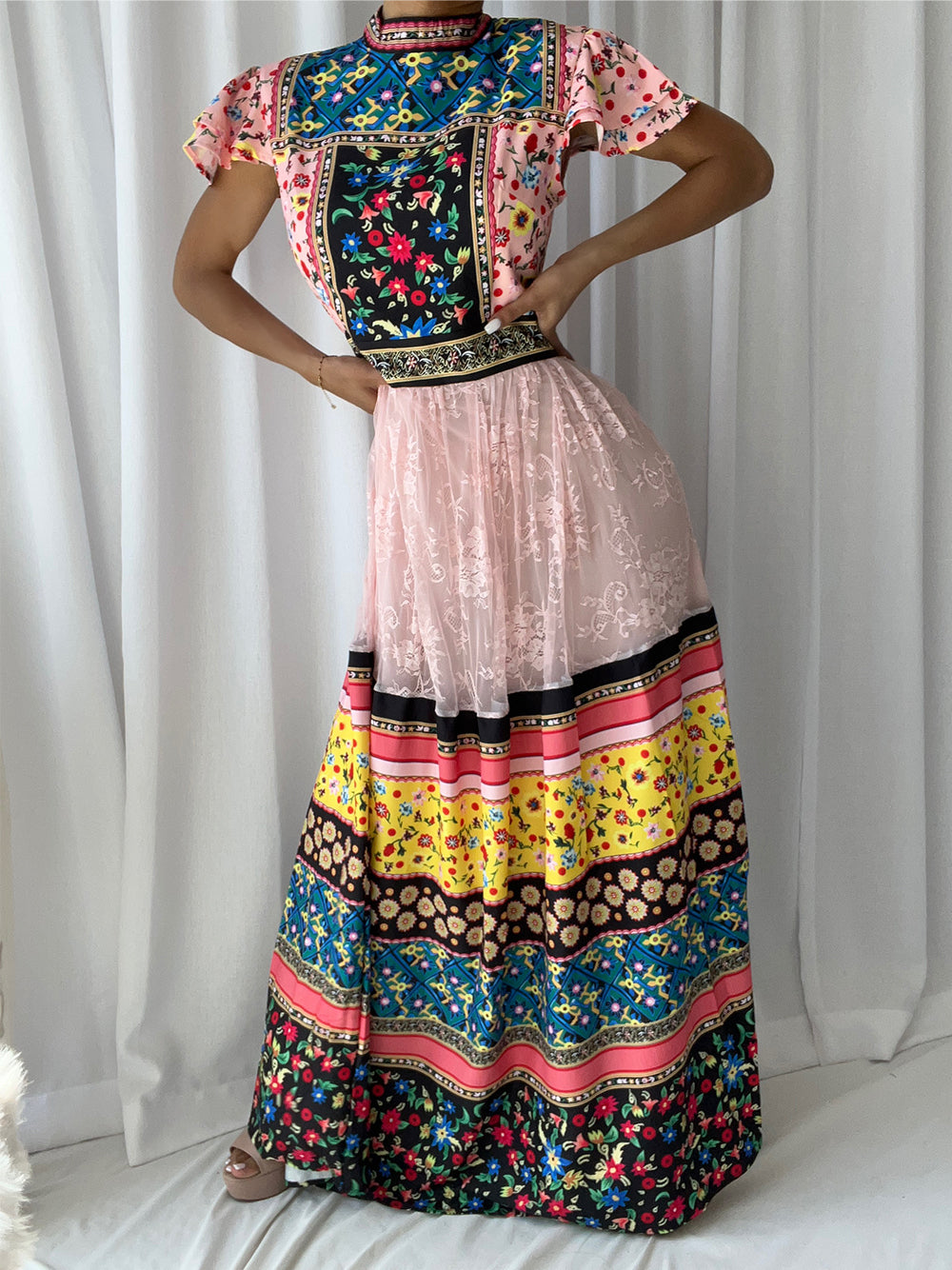 Pink Mock Neck Floral Patchwork Flutter Sleeve Lace Tiered A-Line Maxi Dress
