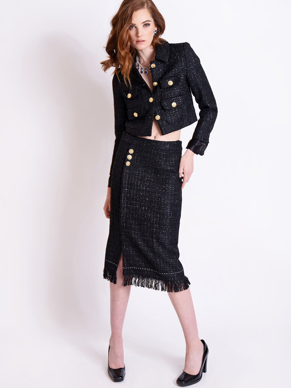 Black Bow Brooch Gold Button Tweed Jacket and Fringe Skirt Set 22