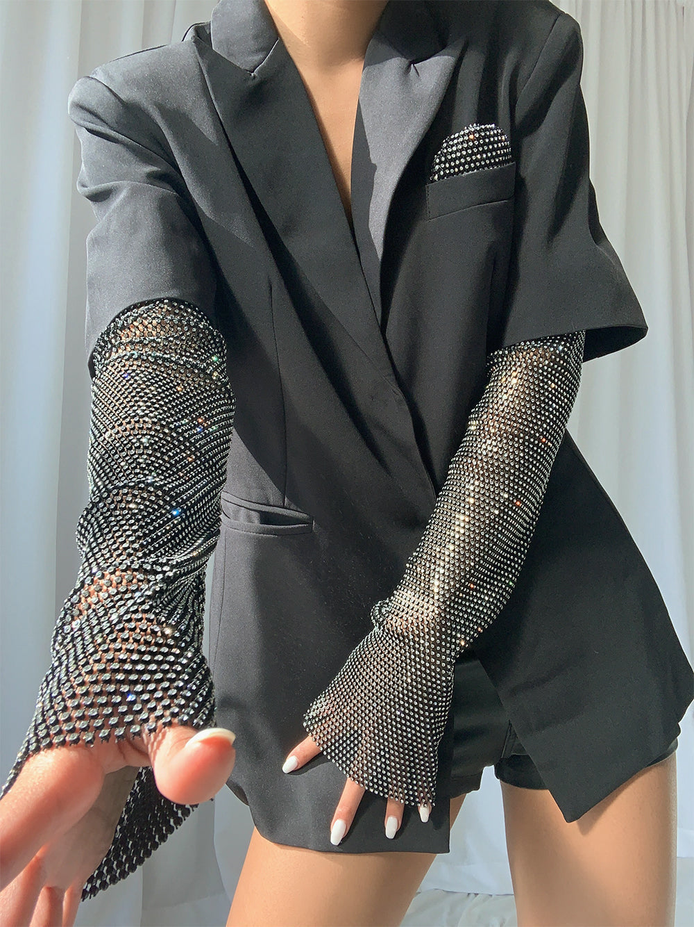 Black Peak Lapel Rhinestone Mesh Sleeve Pocket Square Blazer 2