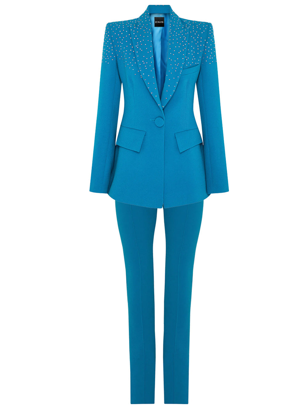 Blue Peak Lapel Rhinestone Embellished Blazer Pants Set 11