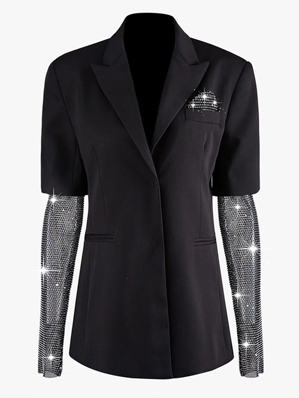 Black Peak Lapel Rhinestone Mesh Sleeve Pocket Square Blazer 4