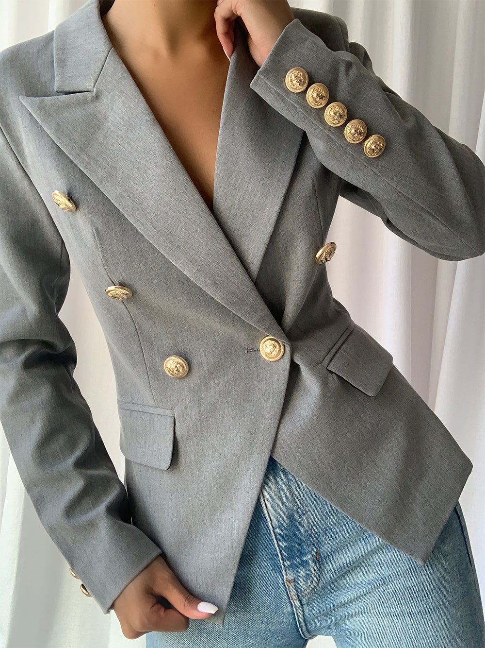 Gray Peak Lapel Gold Button Double Breasted Fitted Blazer