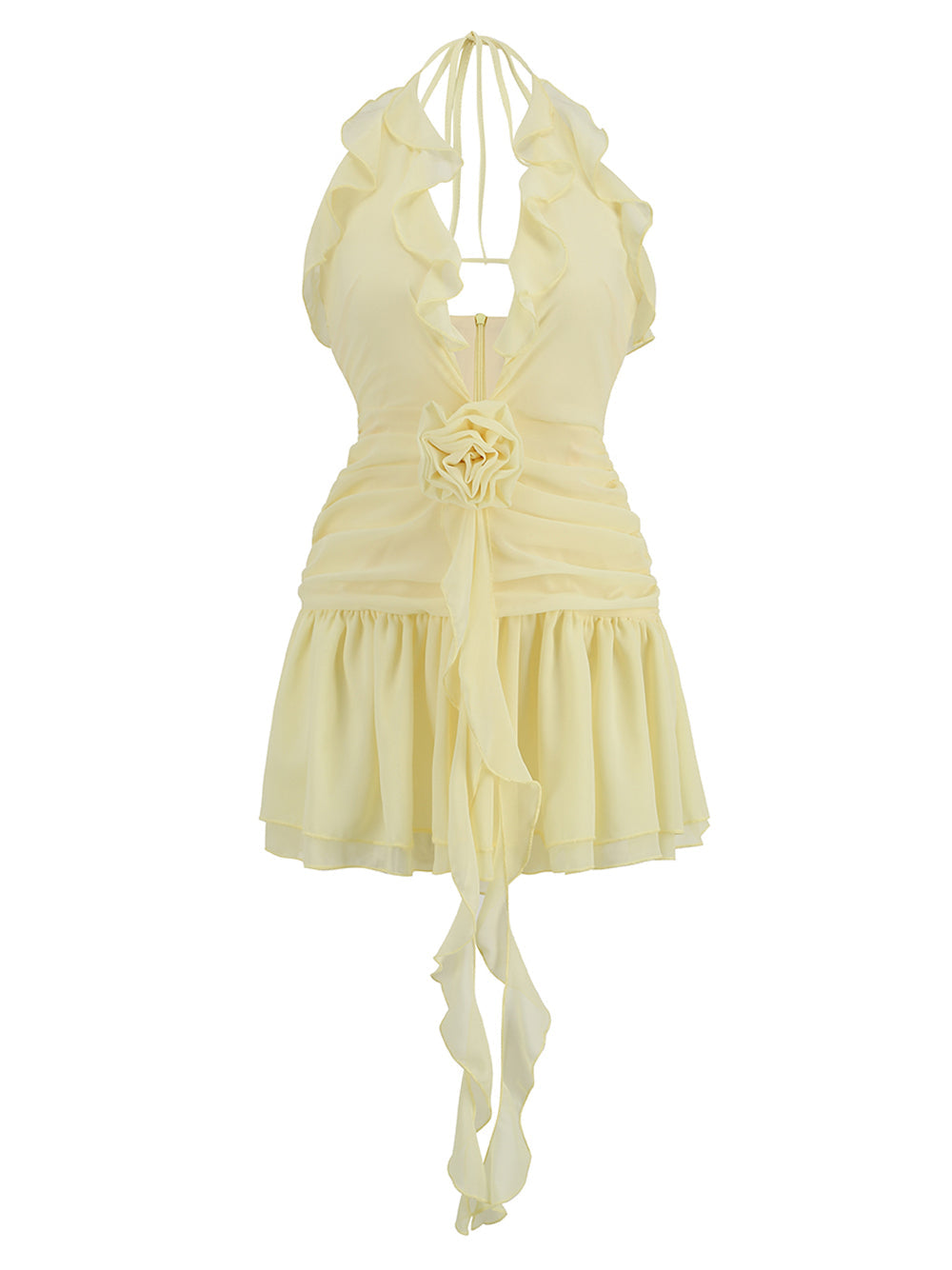 Yellow Halter Plunge Ruffle Chiffon Rosette Drop Waist Mini Dress
