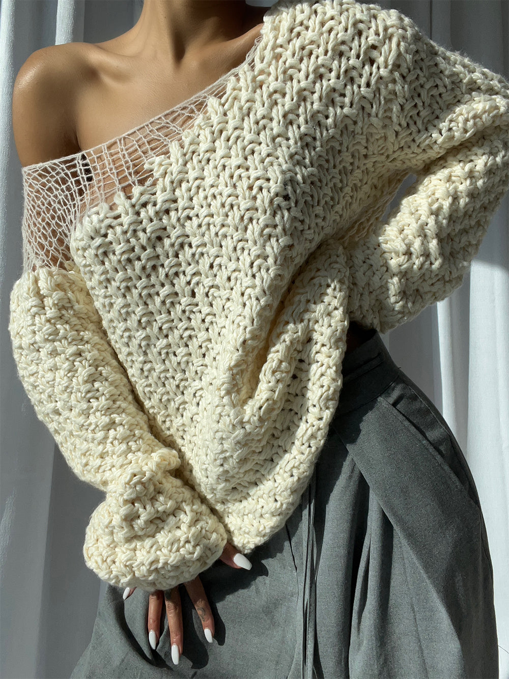 Boat Neck Chunky Hand Knit Oversized Sweater 2