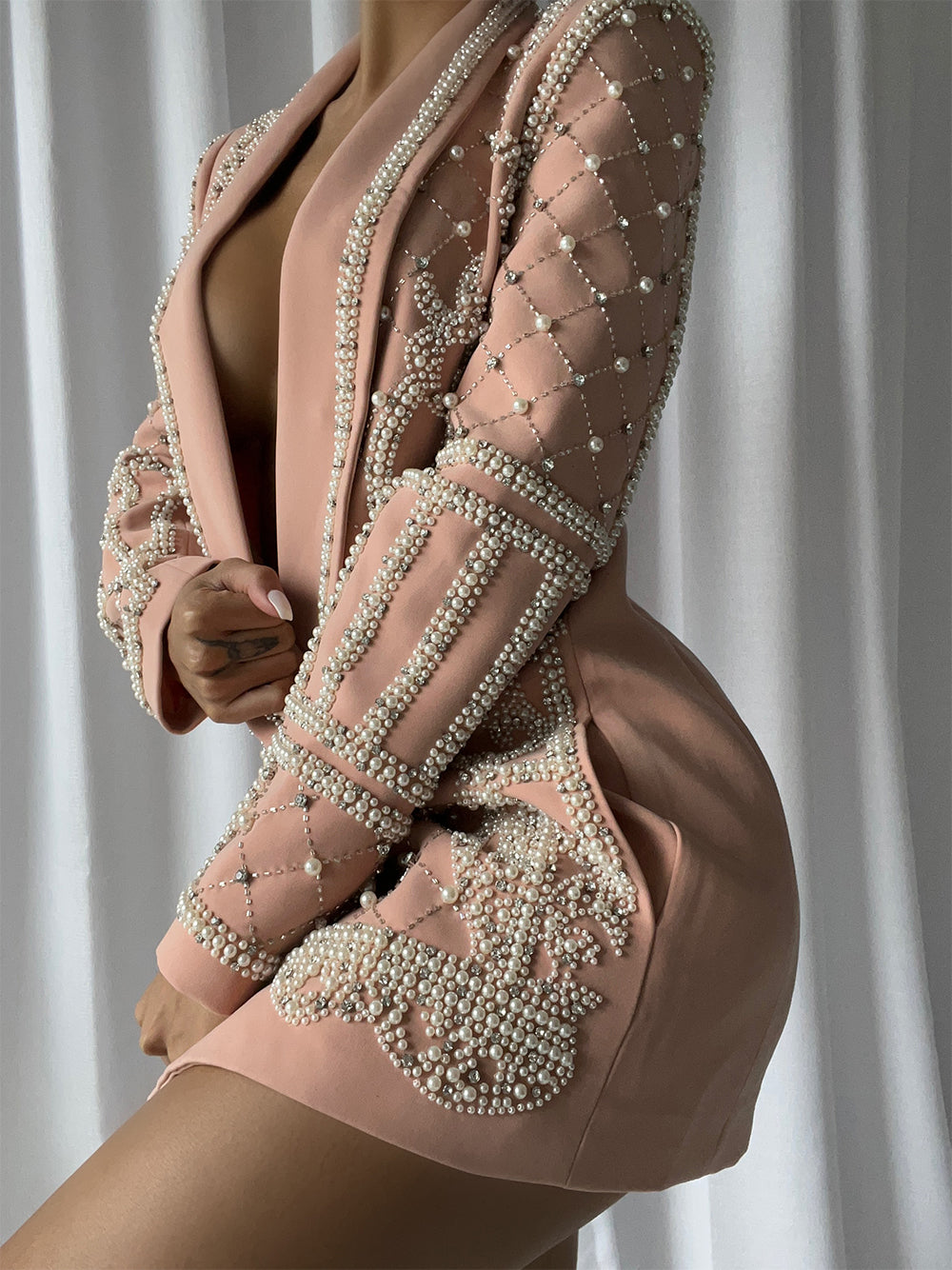 Nude Shawl Lapel Pearl Rhinestone Embellished Blazer Mini Dress 3