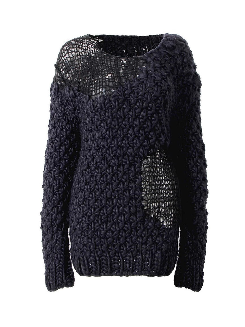 Black Boat Neck Open Crochet Knit Long Sleeve Crop Sweater