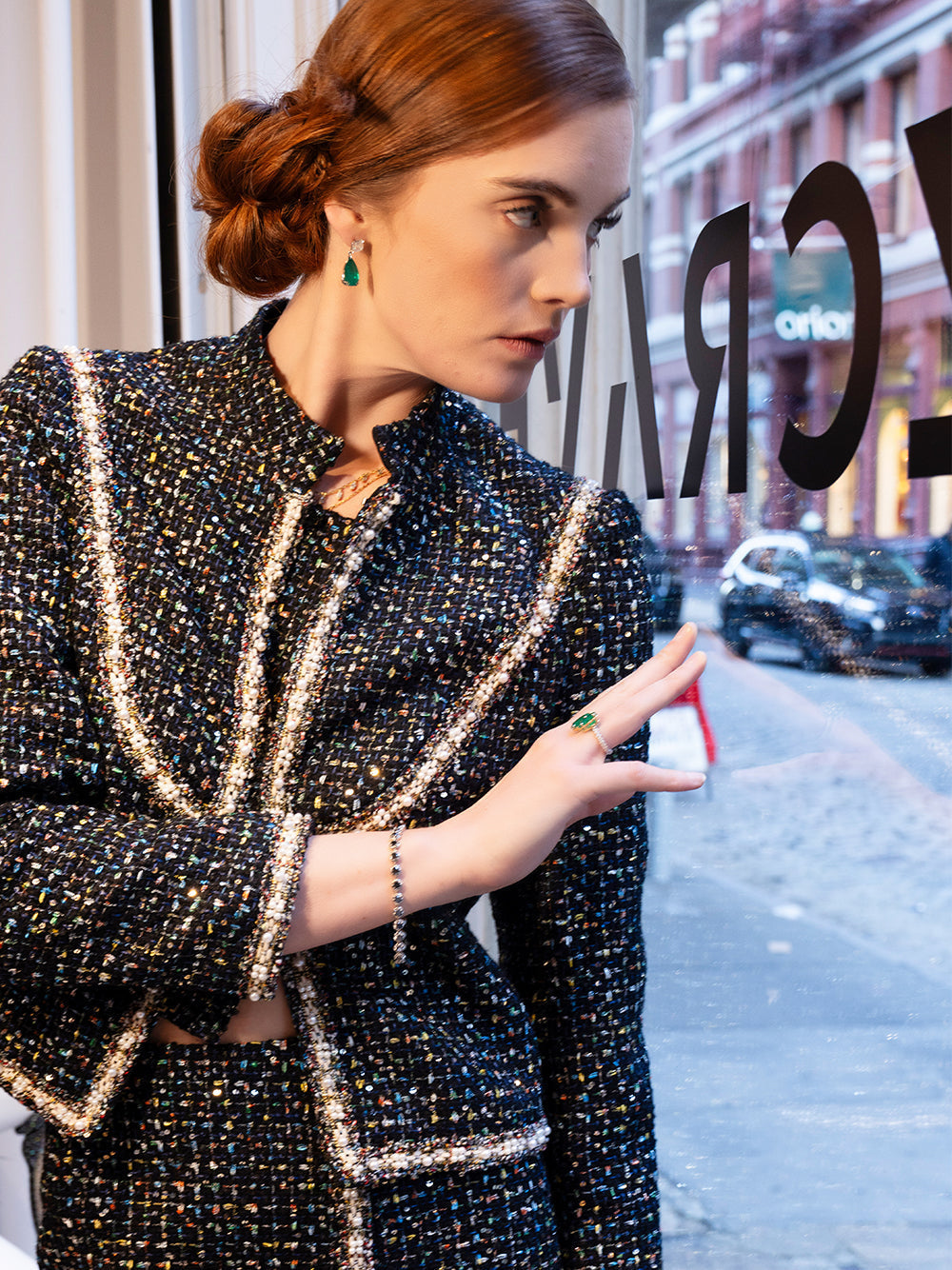 Multicolor Contrast Trim Tweed Cropped Jacket And Skirt Set 5