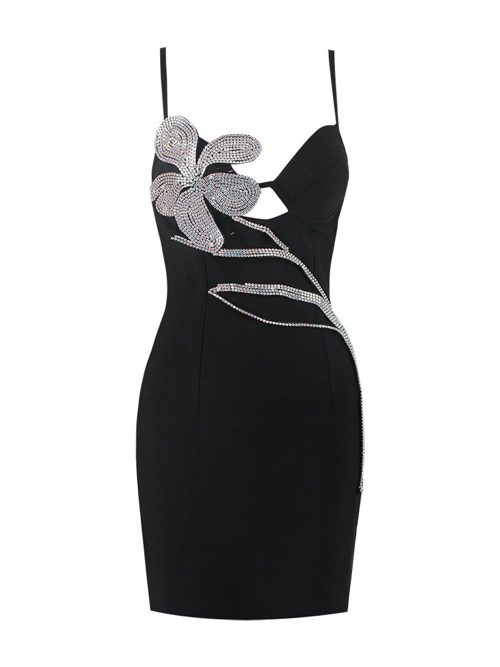 Black Strap Rhinestone Floral Applique Cutout Bodycon Mini Dress