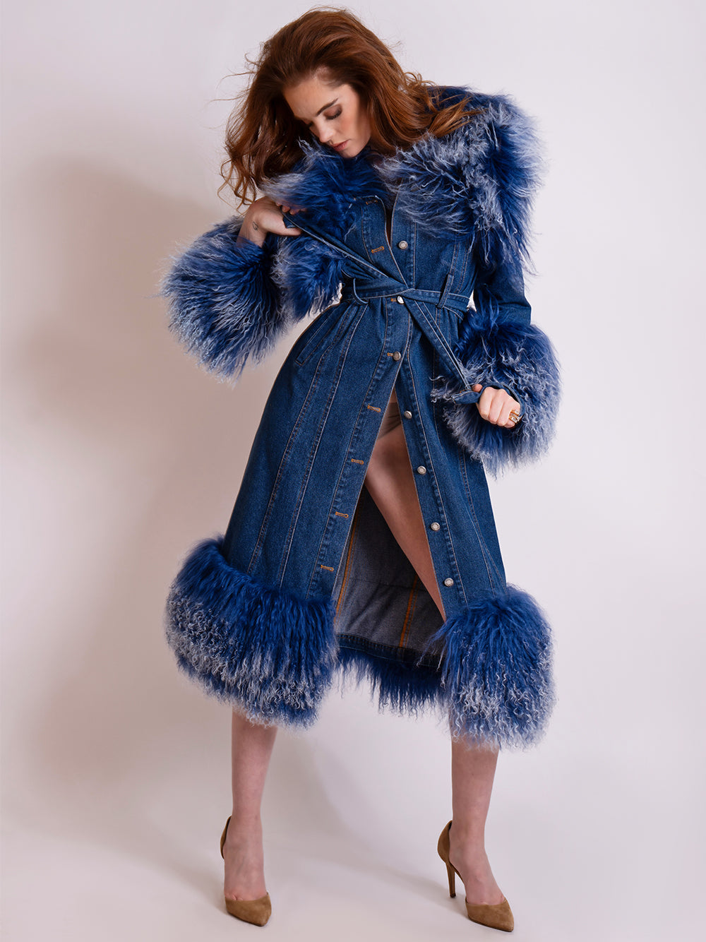 Denim Shaggy Fur Collar Cuff Hem Belted Button-Up Denim Coat 12