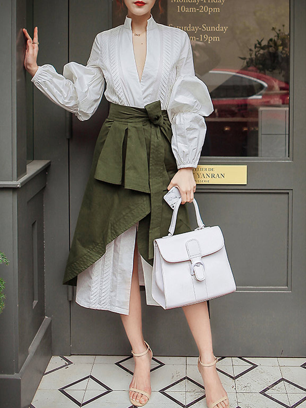 White Puff Sleeve Pintuck Shirt Dress And Wrap Skirt Set