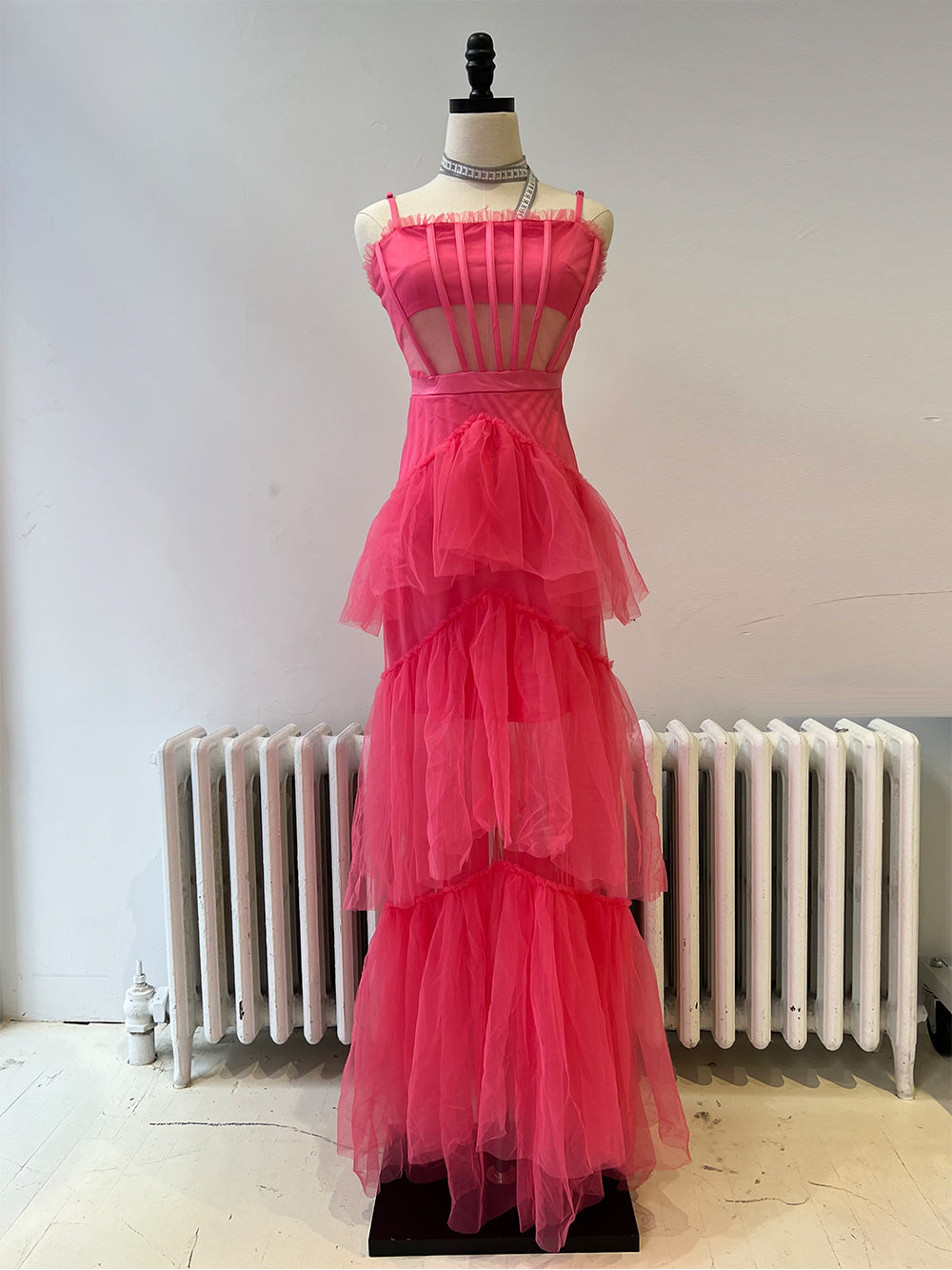 Fuchsia Square Neck Strap Corset Tulle Tiered Ruffle Maxi Gown 7