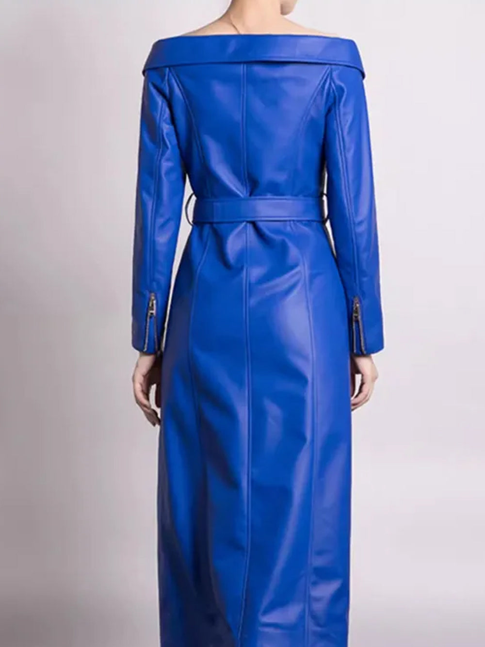 Royal Blue Off-Shoulder Long Sleeve Zip Front Belted Leather Maxi Dress 15