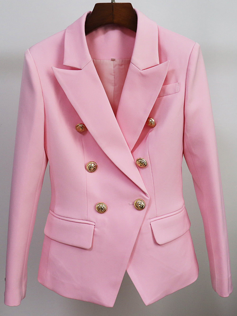 Pink Peak Lapel Gold Button Double Breasted Fitted Blazer 12