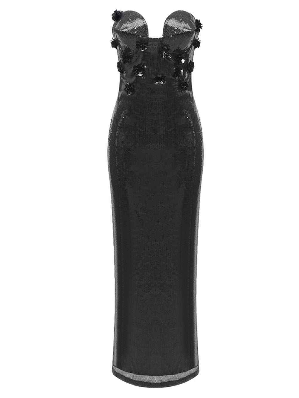 Black Strapless Sweetheart Sequin Floral Applique Corset Bodycon Maxi Gown