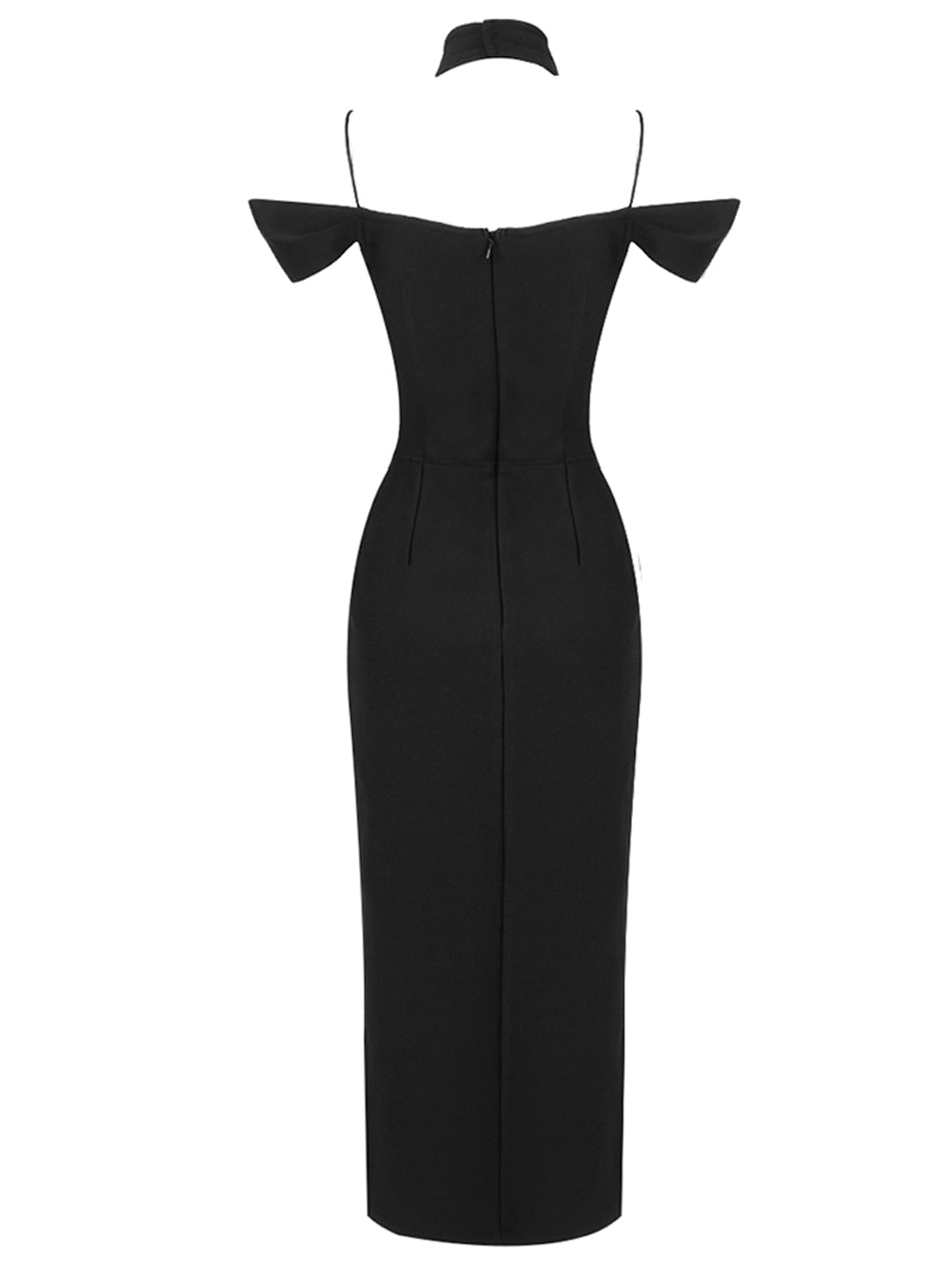 Black Off-Shoulder Draped Collar Deep Plunge High Slit Bodycon Midi Dress