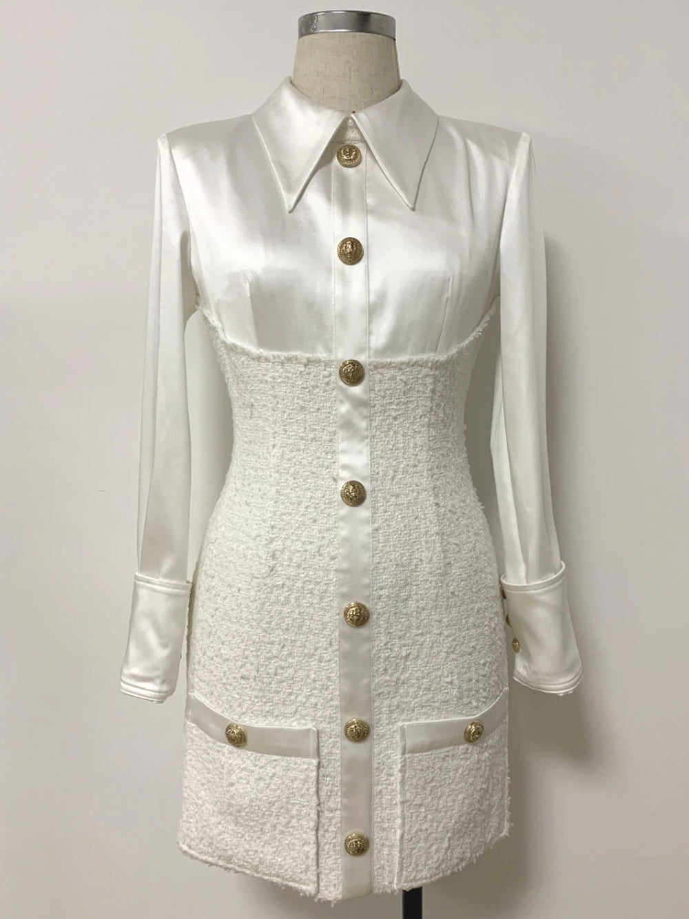 White Collared Gold Button Satin Tweed Long Sleeve Bodycon Mini Dress
