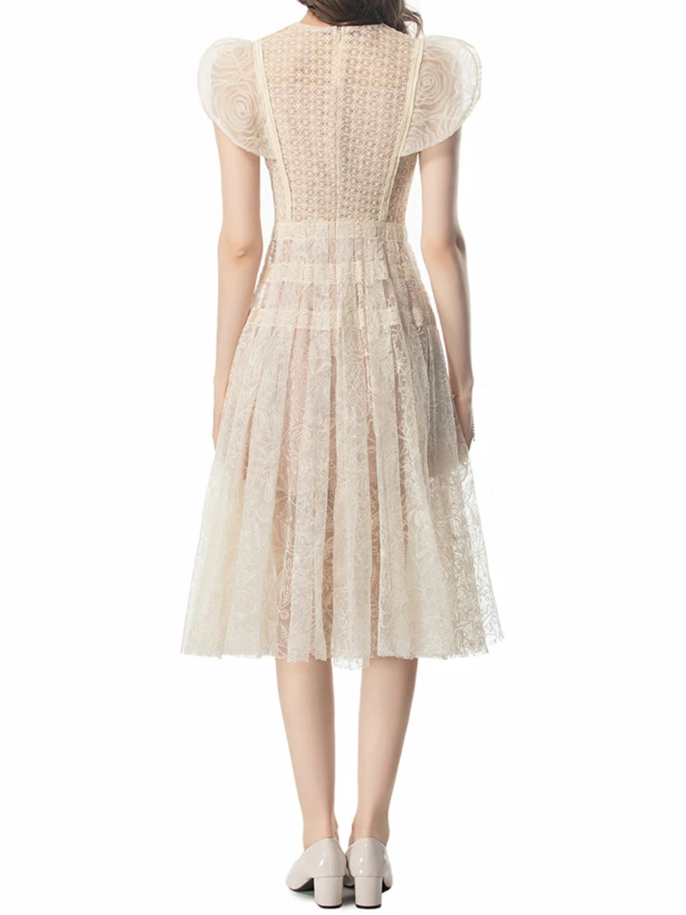 Beige Round Neck Puff Sleeve Crochet Lace Cutout A-Line Midi Dress 5
