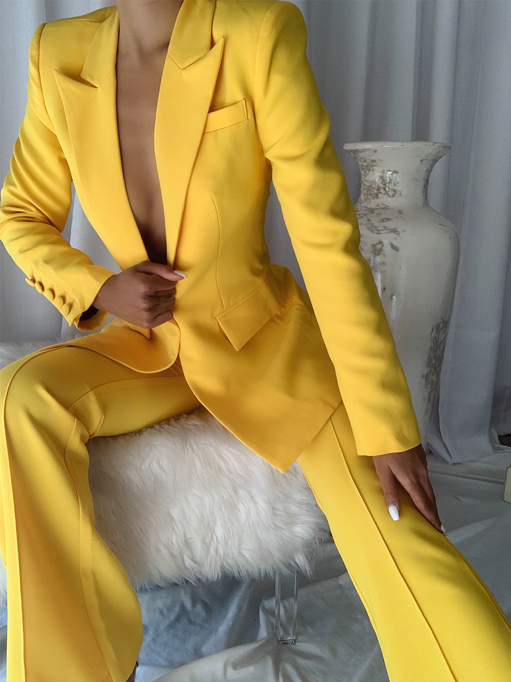 Yellow Peak Lapel Tailored Blazer and Flared Trouser Set 4