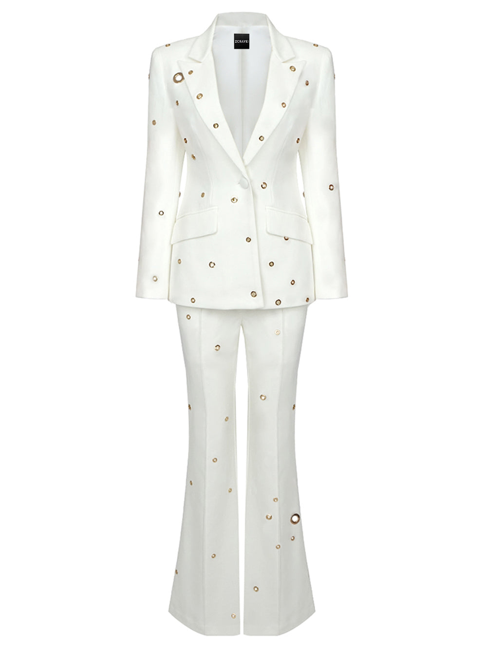 White Peak Lapel Gold Eyelet Blazer And Pants Set