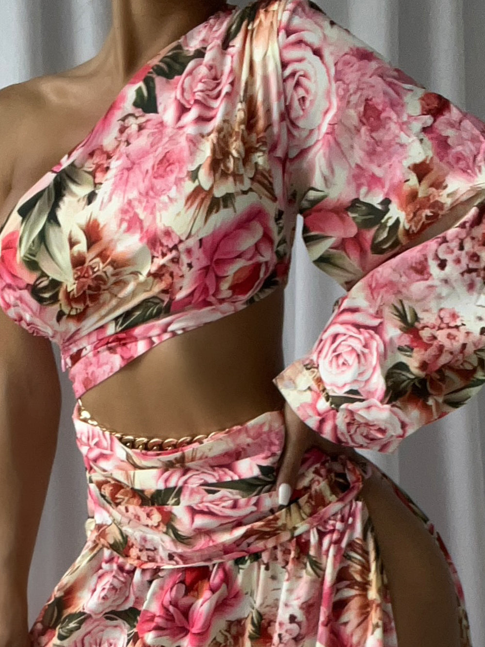 Pink One Shoulder Floral Print Crop Top High Slit Skirt Set 6