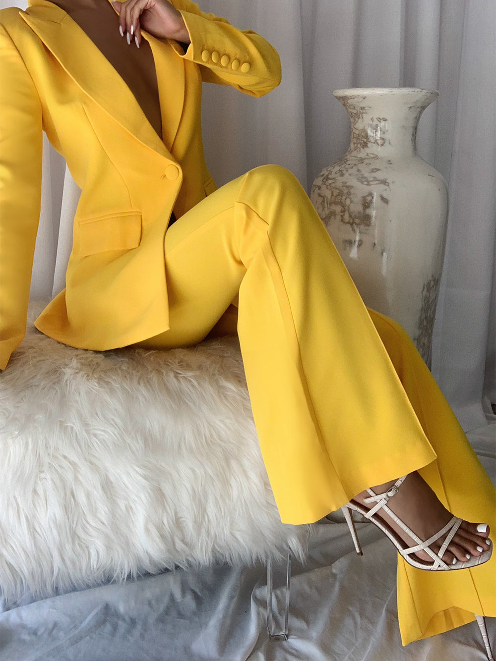 Yellow Peak Lapel Single Button Blazer and Flared Pants Set 7