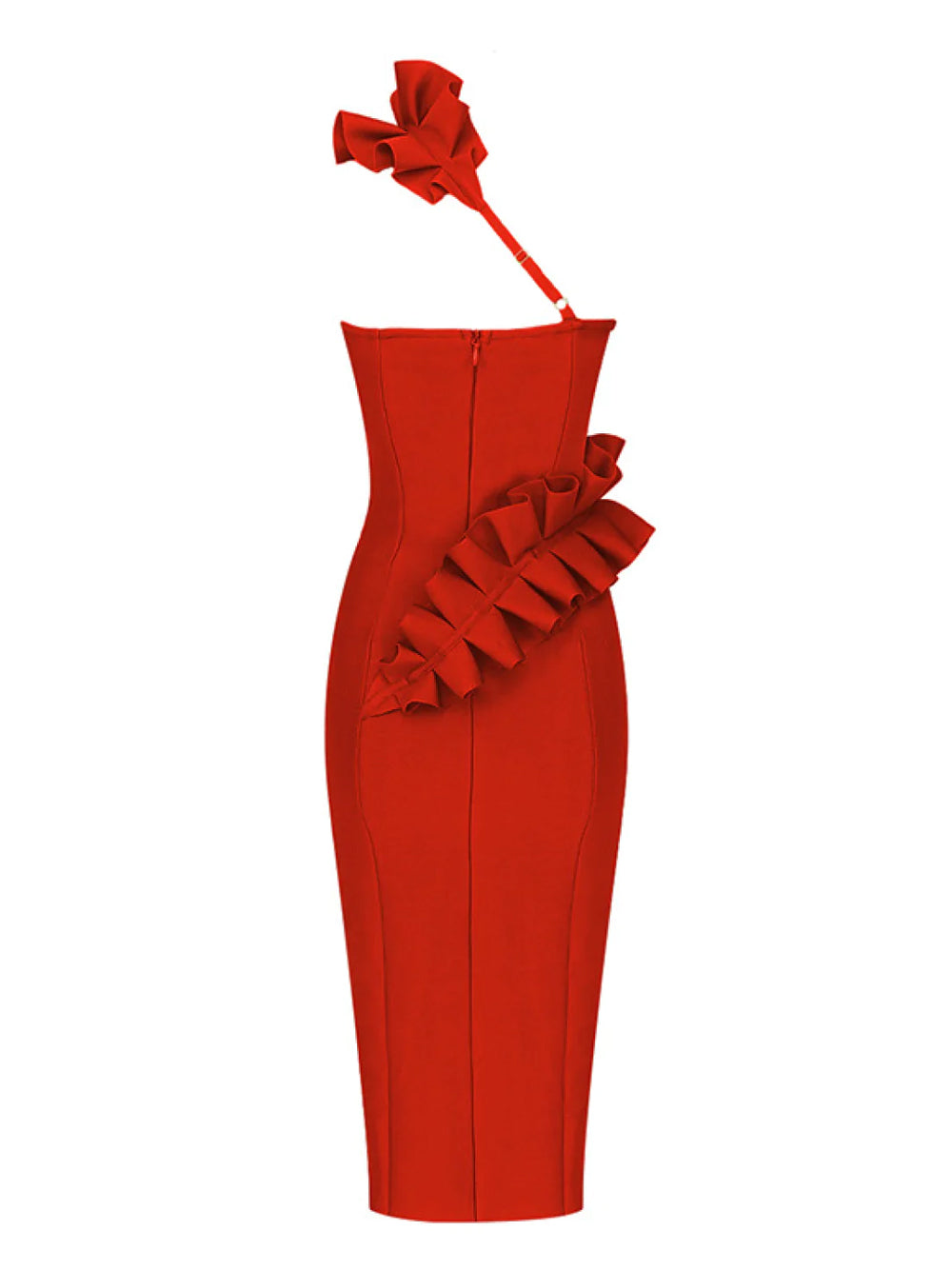 Red One-Shoulder Ruffle Trim Front Slit Bodycon Midi Dress 2