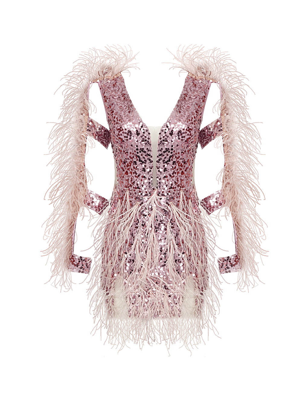 Pink V-Neck Sequin Feather Trim Cutout Sleeve Bodycon Mini Dress
