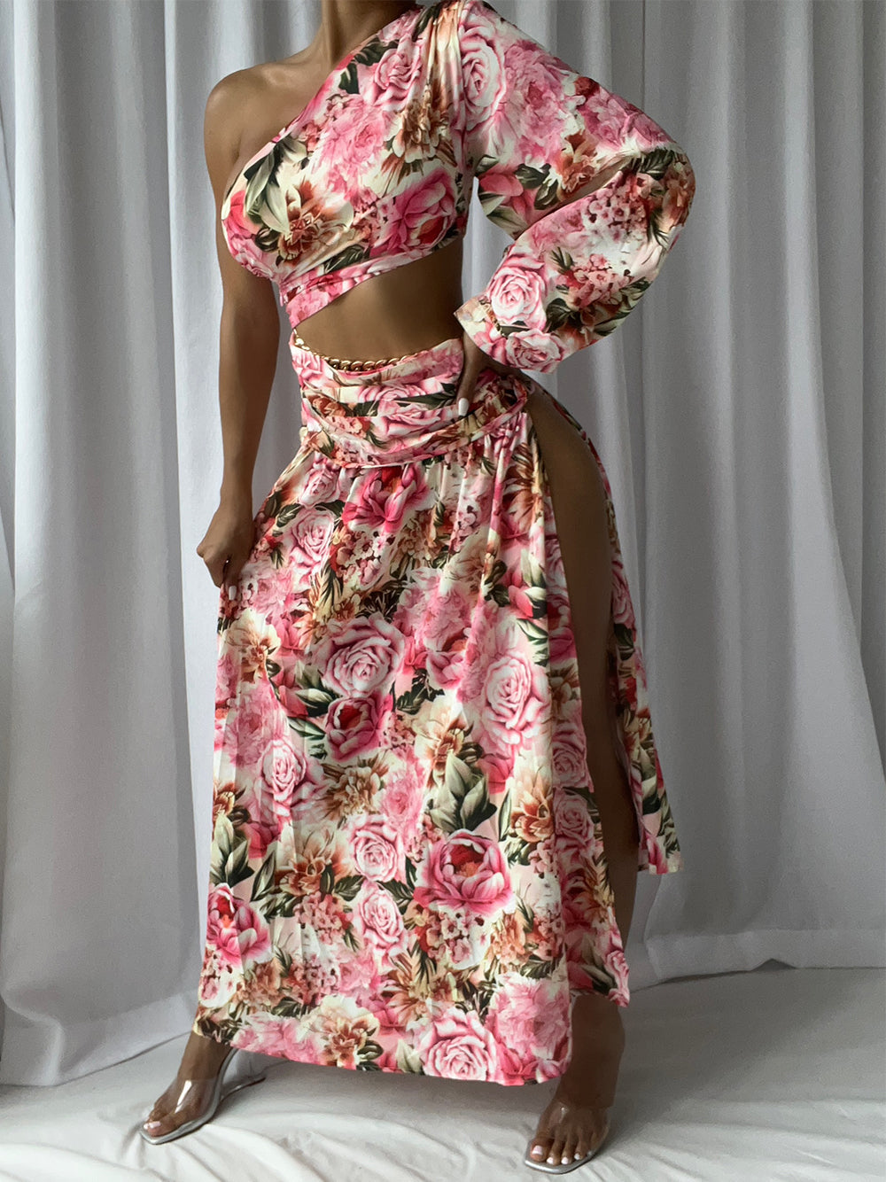 Pink One Shoulder Floral Print Crop Top High Slit Skirt Set 4