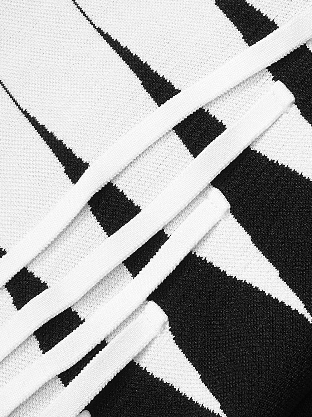 B&w Mock Neck Sleeveless Striped Knit Fringe Bodycon Midi Dress