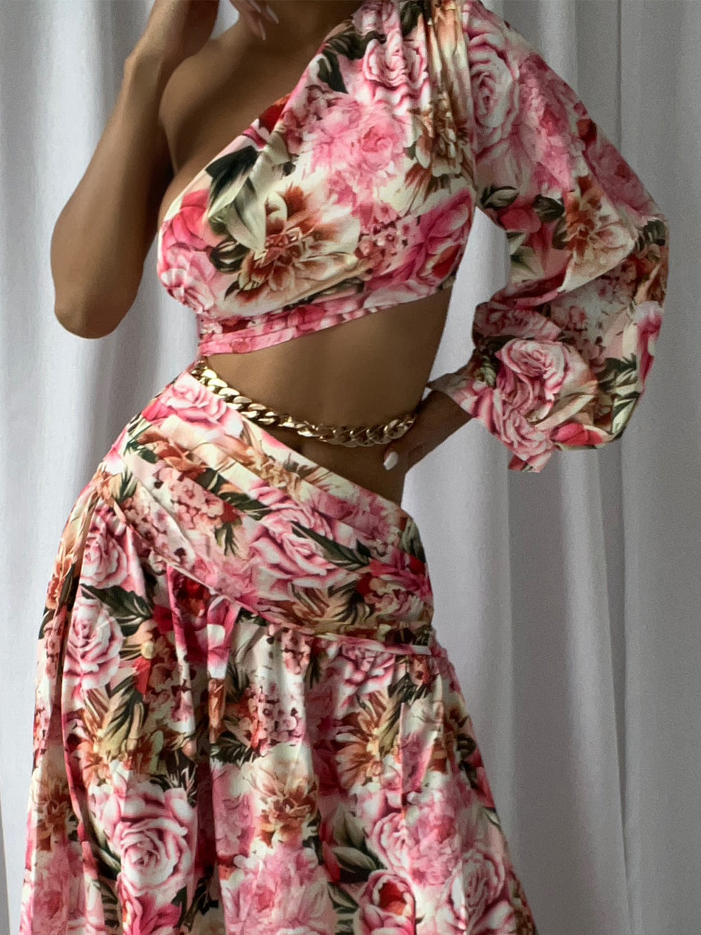 Pink One Shoulder Floral Print Crop Top High Slit Skirt Set 5