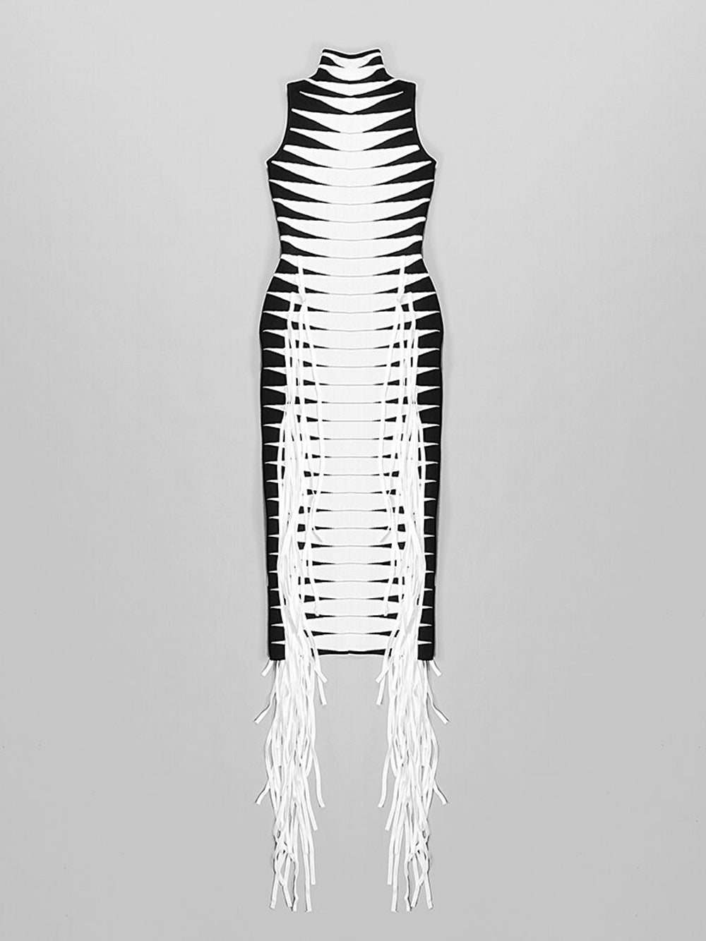 B&w Mock Neck Sleeveless Striped Knit Fringe Bodycon Midi Dress