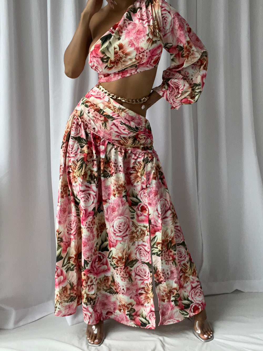 Pink One Shoulder Floral Print Crop Top High Slit Skirt Set