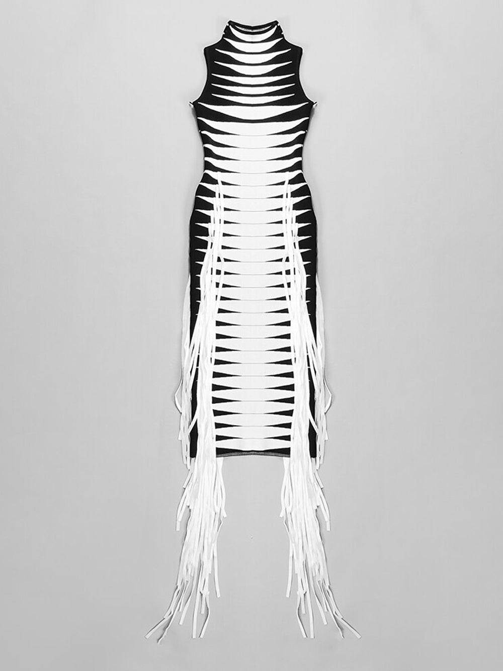 B&w Mock Neck Sleeveless Striped Knit Fringe Bodycon Midi Dress