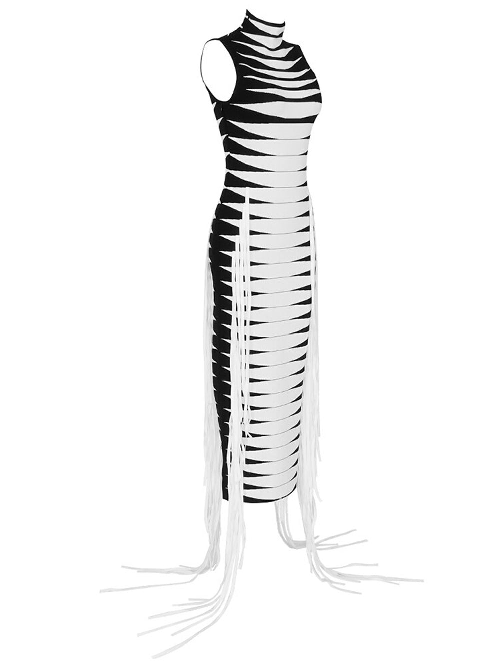B&w Mock Neck Sleeveless Striped Knit Fringe Bodycon Midi Dress