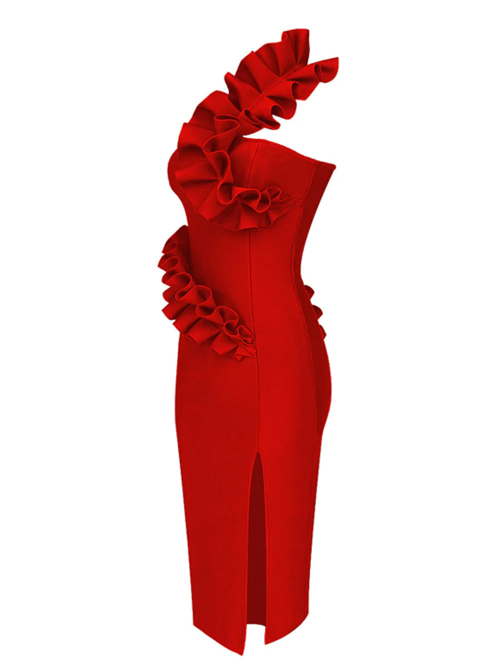 Red One-Shoulder Ruffle Trim Front Slit Bodycon Midi Dress 3