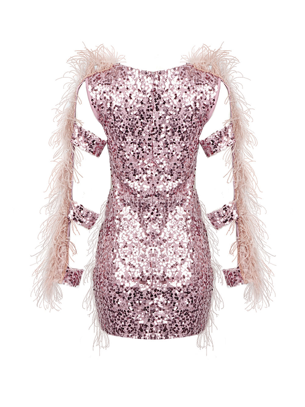 Pink V-Neck Sequin Feather Trim Cutout Sleeve Bodycon Mini Dress 2