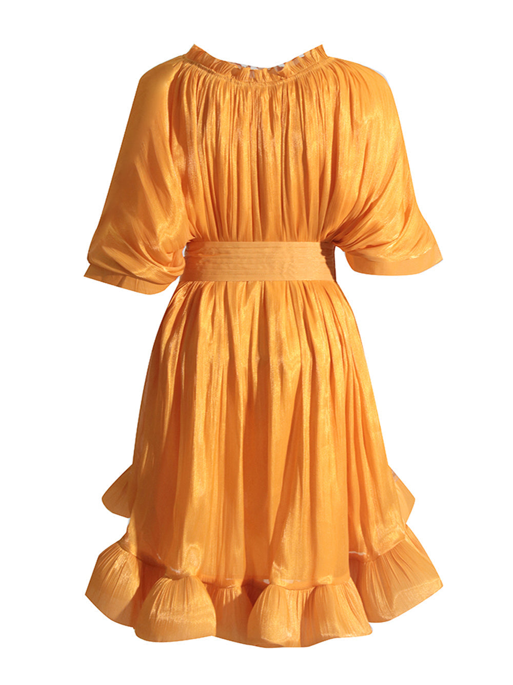 Tie Neck Ruffle Hem Batwing Sleeve Belted Flared Mini Dress