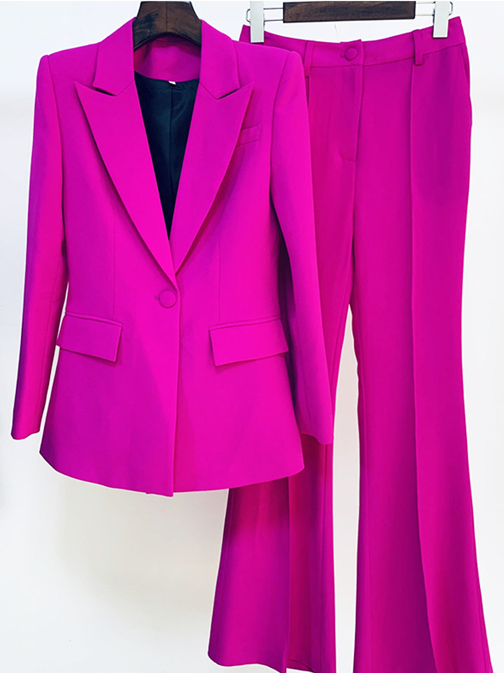Purple Shawl Lapel Single Button Blazer and Flared Pants Set