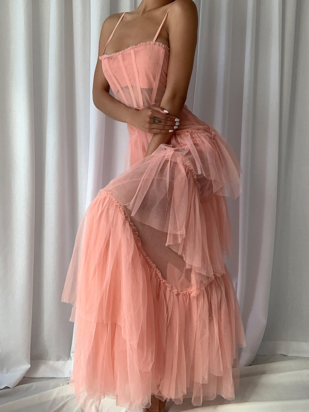 Pink Spaghetti Strap Corset Tiered Tulle Ruffle A-Line Maxi Gown 6