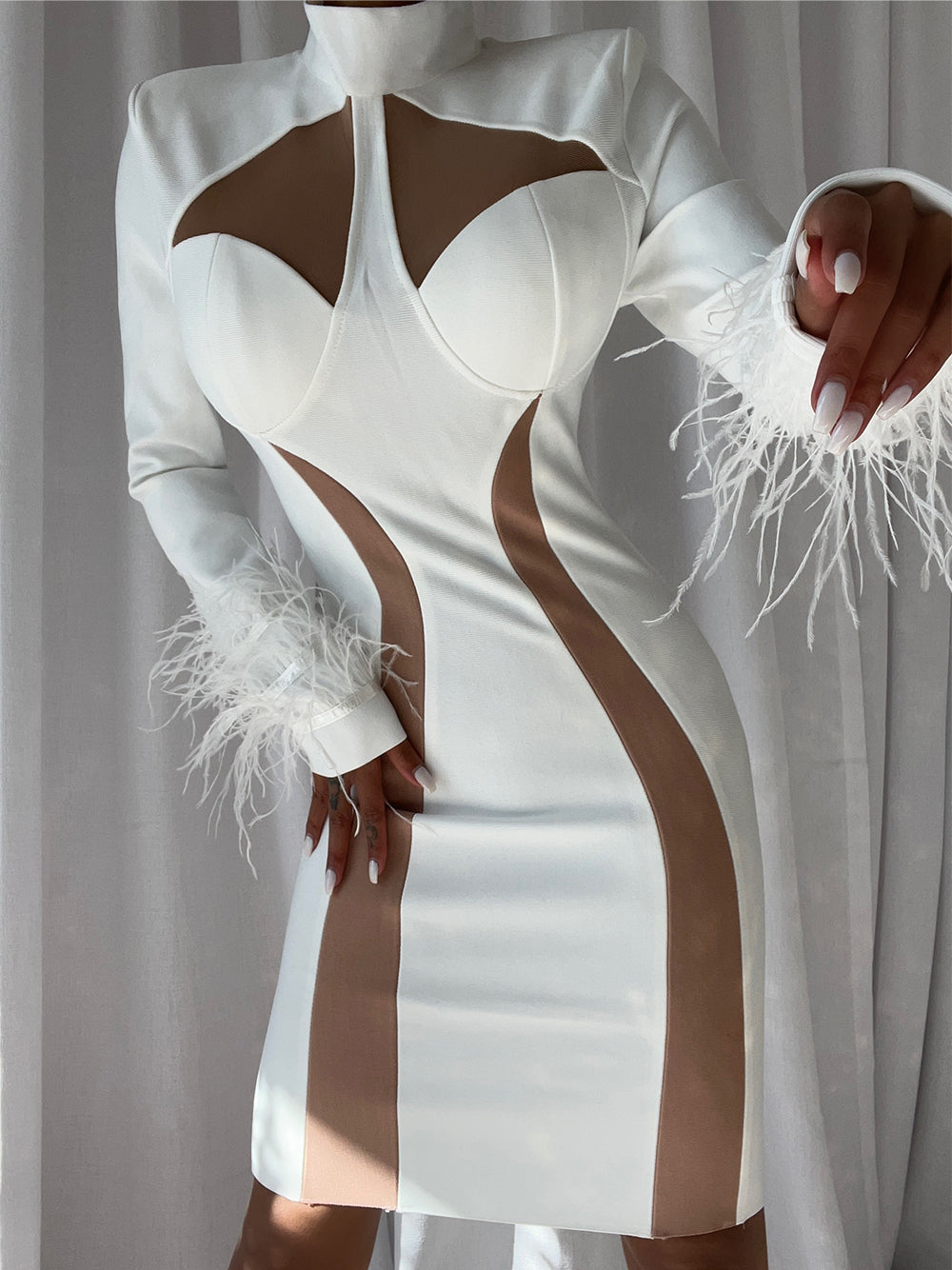 White High Neck Mesh Cutout Feather Cuff Bandage Bodycon Mini Dress